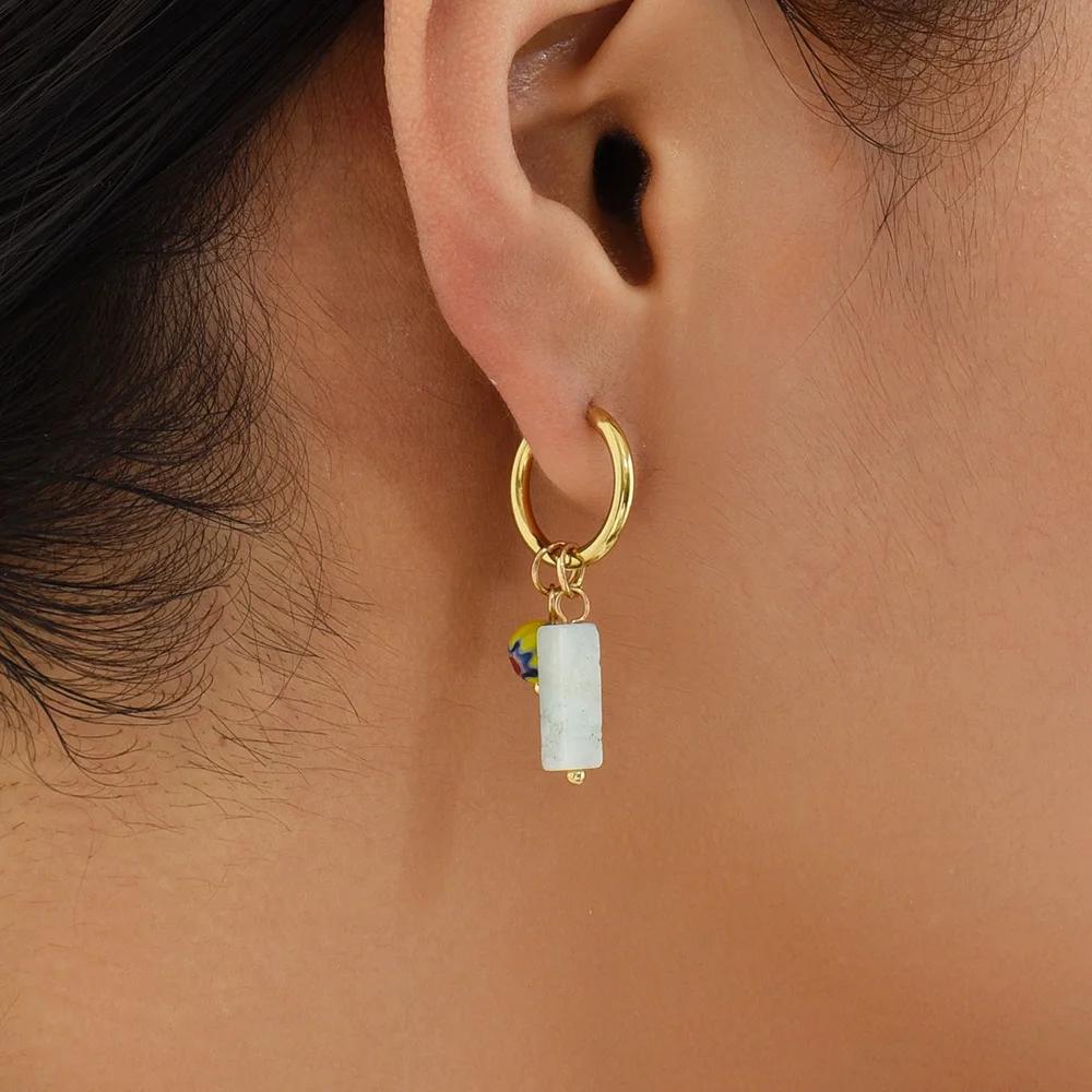 Bohemian Style Natural Stone Beads Irregular Pendant Earrings for Women Stainless Steel Hoops Earring Charm Summer Jewelry