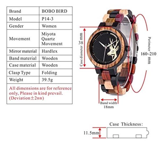 BOBO BIRD Montre Paire Montre Couple Montre en Bois Analogique Quartz Japonais Index Lumineux Léger Coloré Boîte Cadeau en Bois Incluse Motif Cerf Homme