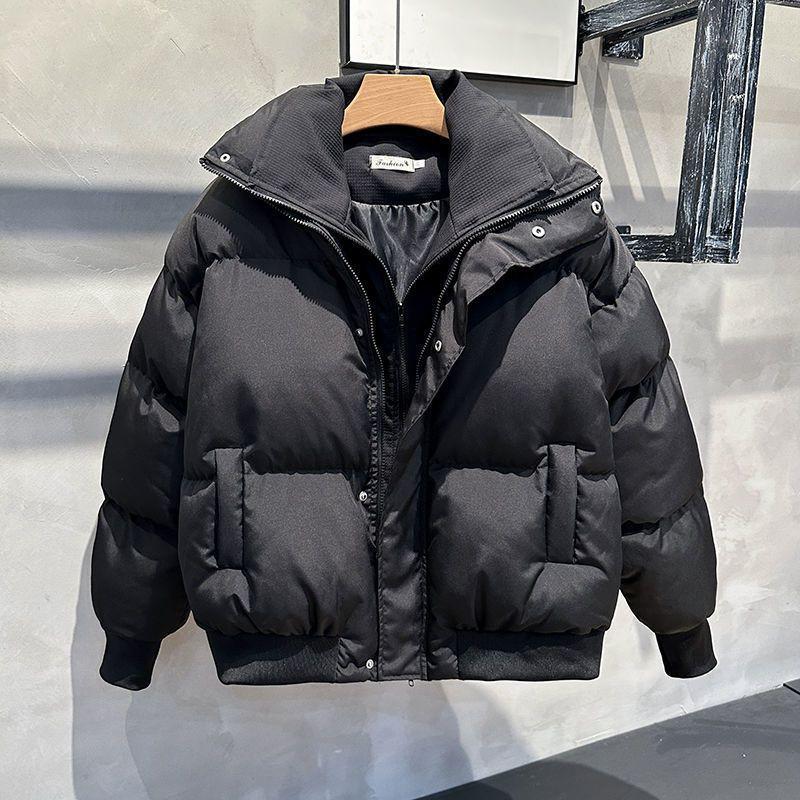 Mens Winter Thick Cotton Puffer Jacket Loose Fit Trendy Solid Color Warm Coat