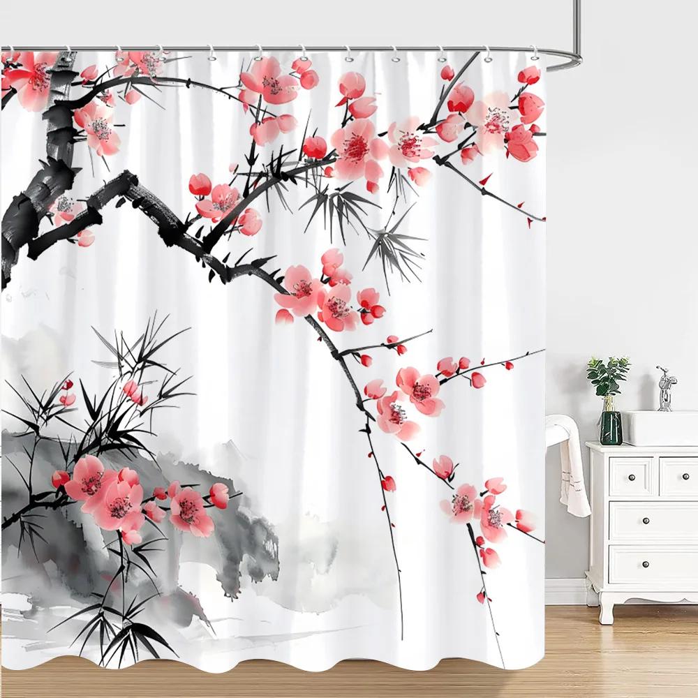 Chinese Japanese Ink Painting Shower Curtain Red Plum Blossom Art Painting Retro Style Polyester Shower Curtains Bathroom Deco