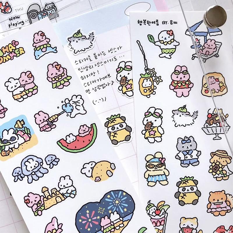 1/3 Sheets Korean Cute Graffiti Style Rabbit Cartoon Stickers Kawaii Animal Decals Hand Account Diary Scrapbook Sticker