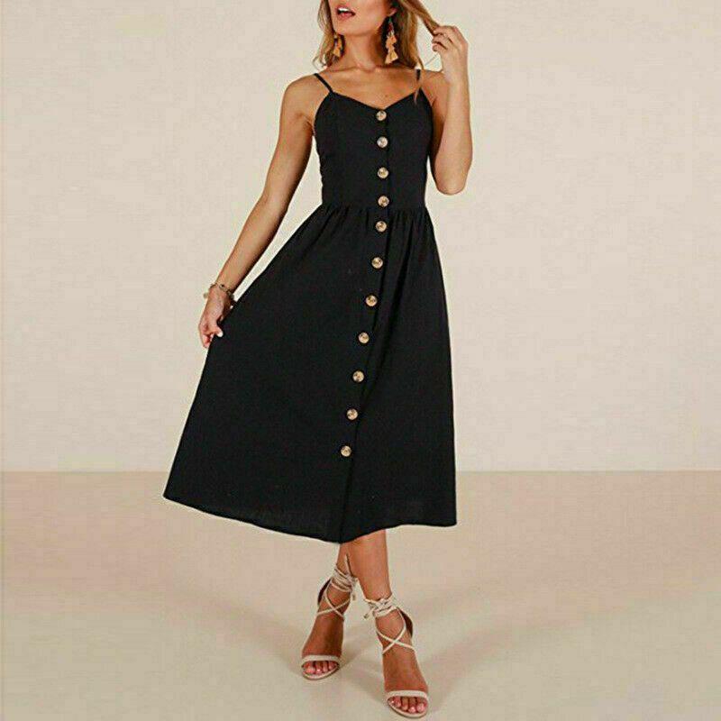 Elegante Abito Midi Estivo da Donna Boho con Spalline Sottili e Tasche a Bottone