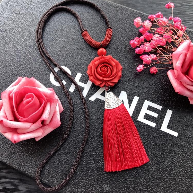 Neoclassical Chinese red cinnabar fringed necklace retro fashion long versatile sweater chain four seasons ethnic style accessories
