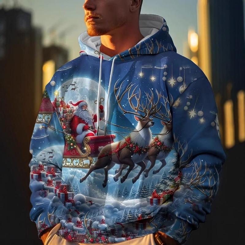 Módní pánská vánoční mikina s kapucí a stahovací šňůrkou z polyesterové tkaniny pro sváteční nošení s dlouhým rukávem a 3D potiskem