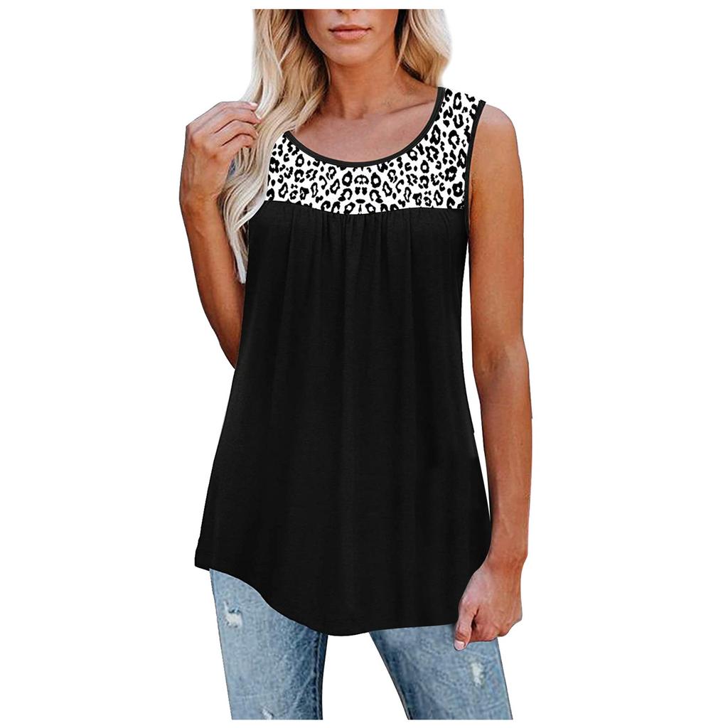 Women Sleeveless Leopard Active Tank Tops Ruffle Loose Tunic Blouse Shirt Vest