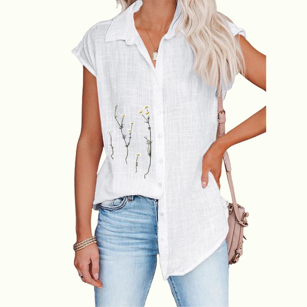 Women Fashion Sleeveless Thin Blouse Casual Floral Print Top Ladies Button-down Shirt