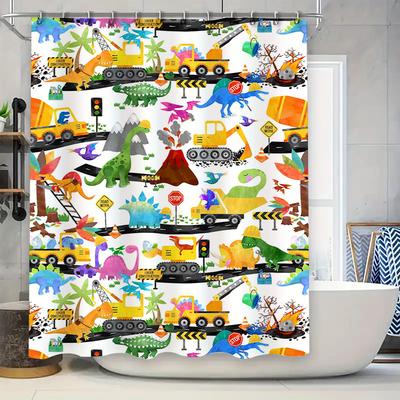 Animal Construction Shower Curtain Dinosaur Decor for Kids Bathroom Waterproof Fabric with Stop Sign Design Unique Home Accessor