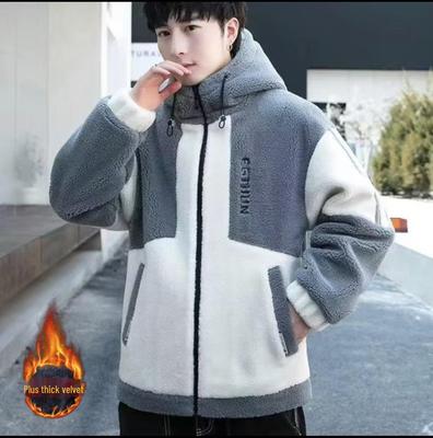 Chaqueta de Invierno para Hombre 2024 de Piel de Cordero con Capucha, Forro Polar Holgado, Abrigo Acolchado de Algodón a Contraste de Color