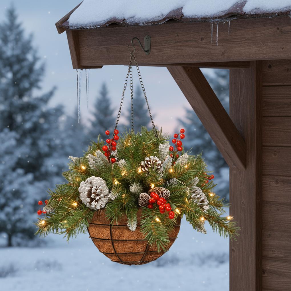 Νέο Τεχνητό Κρεμαστό Καλάθι Λουλουδιών Χριστουγεννιάτικο Κρεμαστό Πράσινο Κόκκινο Στεφάνι Φυτό Διακοσμητικά Δέντρου Χριστουγεννιάτικη Διακόσμηση 60CM*30CM