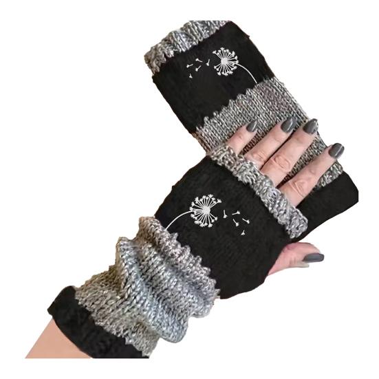 Knitted Fingerless Gloves Women Color-Block Knit Gloves Half-Finger Warm Gloves with Embroidered Dandelion Pattern for Texting Typing Writing