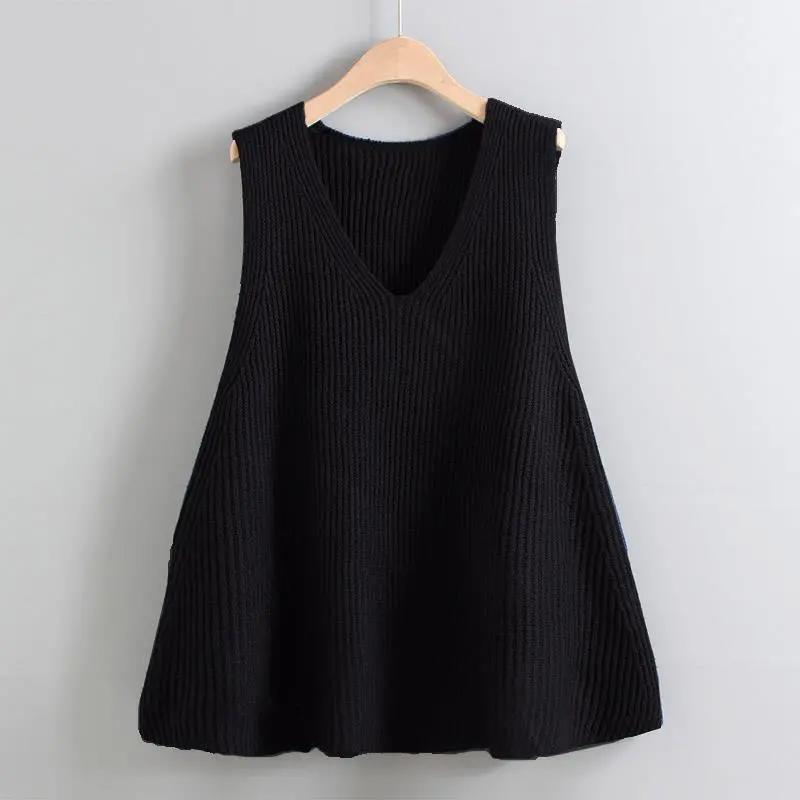 Plus Size Knit Vest Pullover V-Neck Loose Sleeveless Outerwear Sweater Vest Jacket