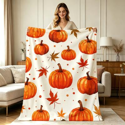 Soft Warm Flannel Throw Blanket with Pumpkin And Fall Maple Leaf Print All Season Lightweight Breathable Cozy Blanket for Couch Sofa Bed Office Home D