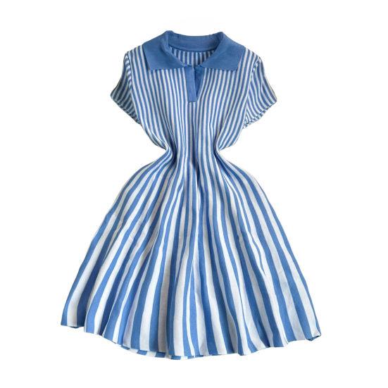 Women's Striped Dress Summer Dress V Vertical Vintage A-line Sweater Dress