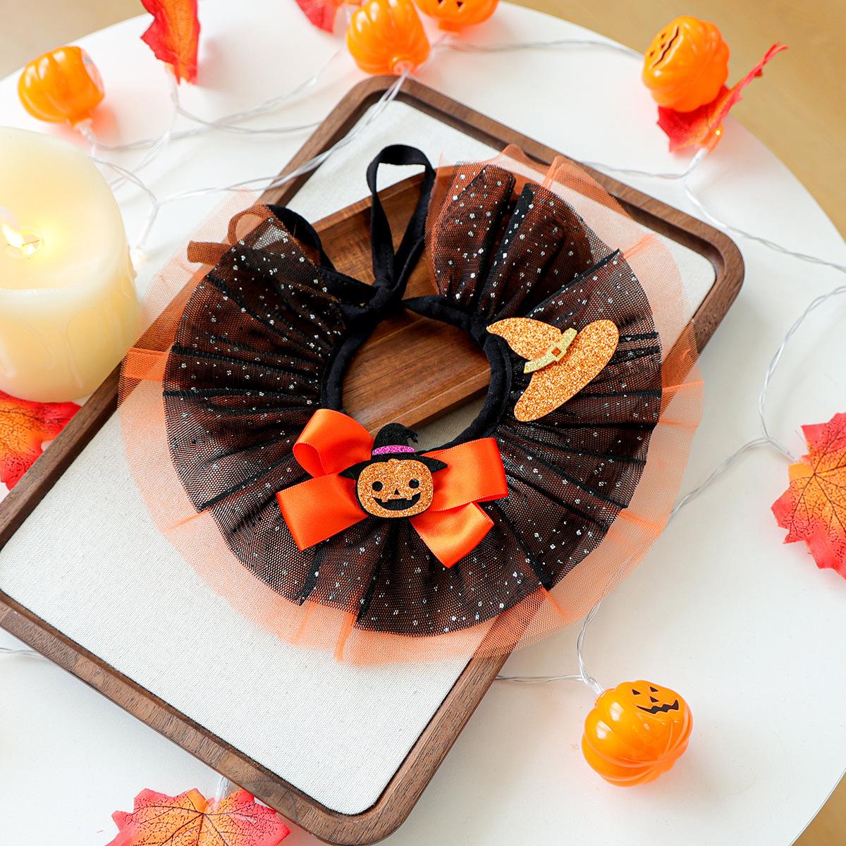 

Small Dog Collars Pet Scarf Collar Accessories Necklace Drool Bib Dog Cat Halloween Lace Wizard Pumpkin Gauze Scarf Pet Supplie