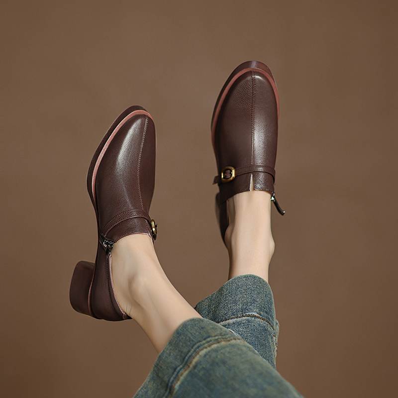Krazing Pot Cow Skin Autumn Winter Shoes Chunky Heels Size 43 Size 42 Round Toe Zipper Deep Mouth Retro Fashion Pumps