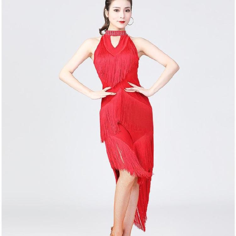Glittering Latin Dance Dress Asymmetrical Sequins Fringe Performances Costume Breathable Polyester Stage Outfit