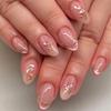 Short Almond Press On Nail with Pink Base, Floral Gold Outline Accents and Cats Eye Tip Shimmers, 10Piece Fake Nail Set for Quick Styling