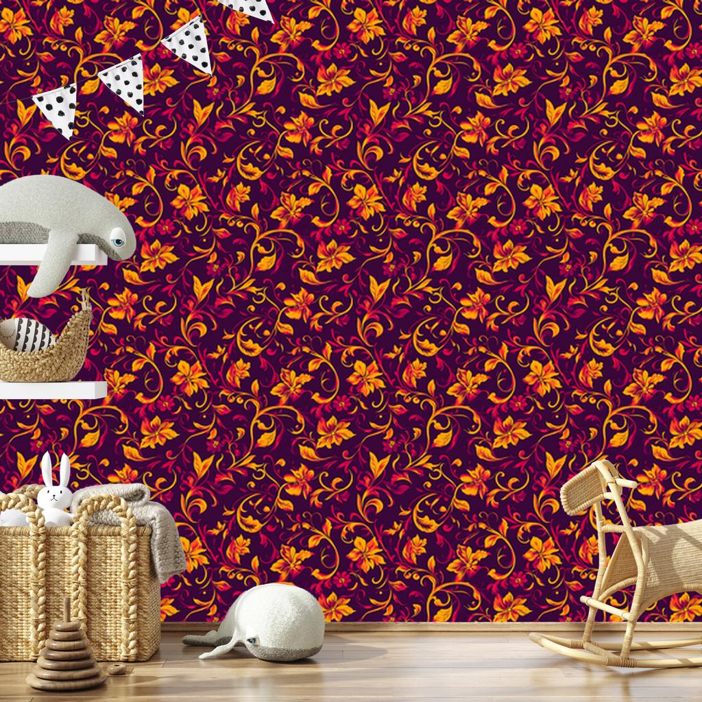 Intricate floral pattern wallpaper in burgundy and plum 50x1000
