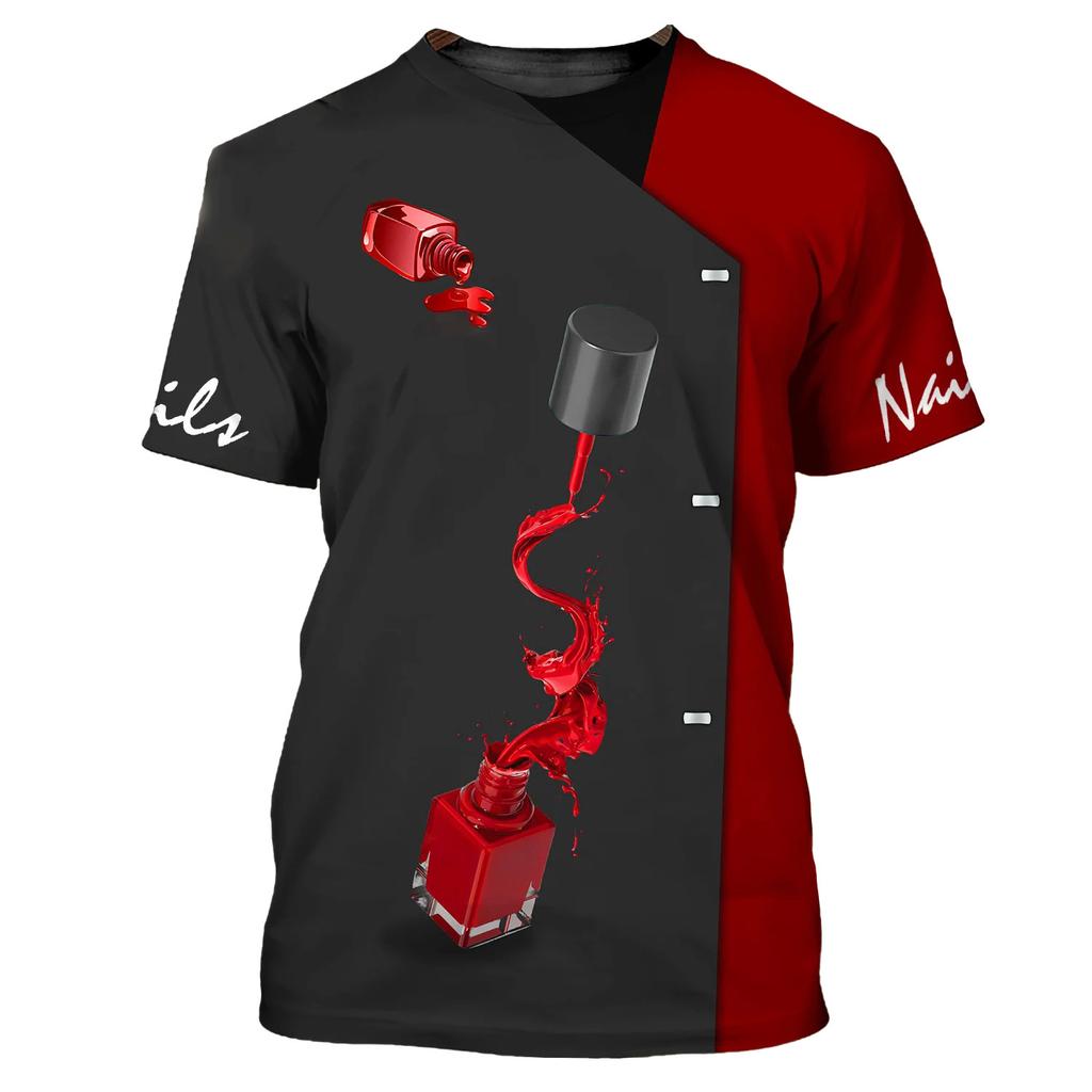 Digital Printed Women's Round Neck Casual Short Sleeved T-shirt Beauty Nail Uniform Summer Casual Fashion Comfortable Plus Size T-shirt