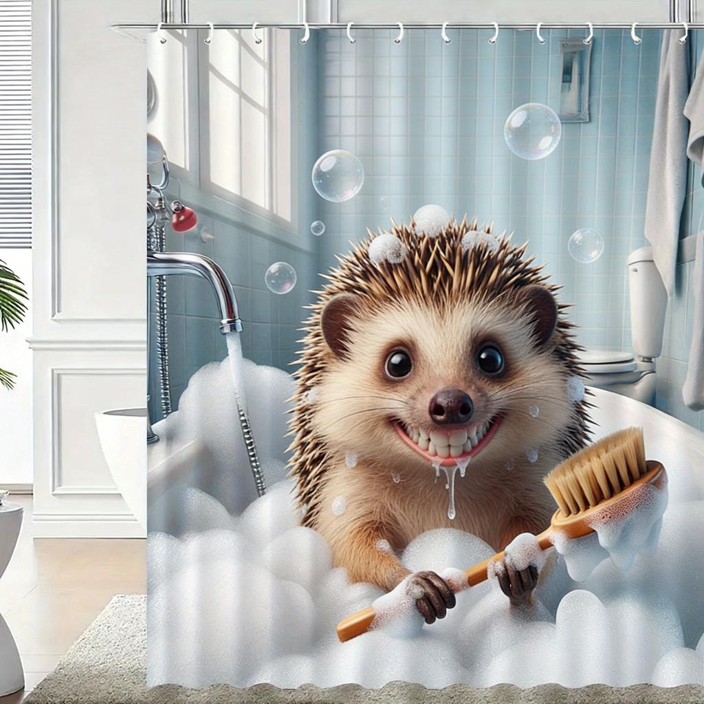 Cute 3D Cartoon Penguin Bathing with Bubbles Waterproof Shower Curtain - Fun Bathroom Decor