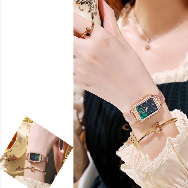 Women Watches Fashion Square Ladies Casual Quartz Watch Bracelet Set Green Dial Simple Rose Gold Mesh Watches