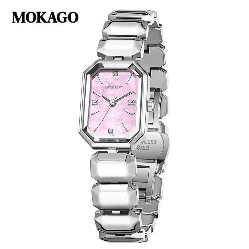 MOKAGO Quartz Watch: Elegant Rhinestone Alloy with Silver Band & Mother-of-Pearl Dial - Perfect Luxury for Couples.