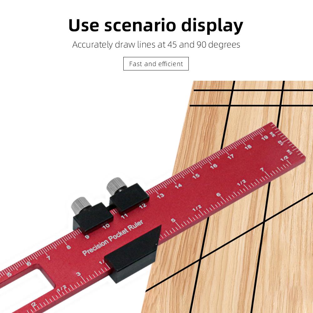 Woodworking Precision Pocket Ruler Aluminum Slide Ruler Inch and Metric T-Scribe Ruler Square Layout Tool with Slide Stop
