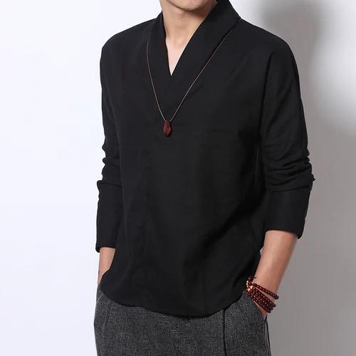 Linen Shirt Men 2025 Mens Spring Long Sleeve V-Neck Shirts Men Chinese Style Cotton Shirts Male Casual Soild Color Blouse