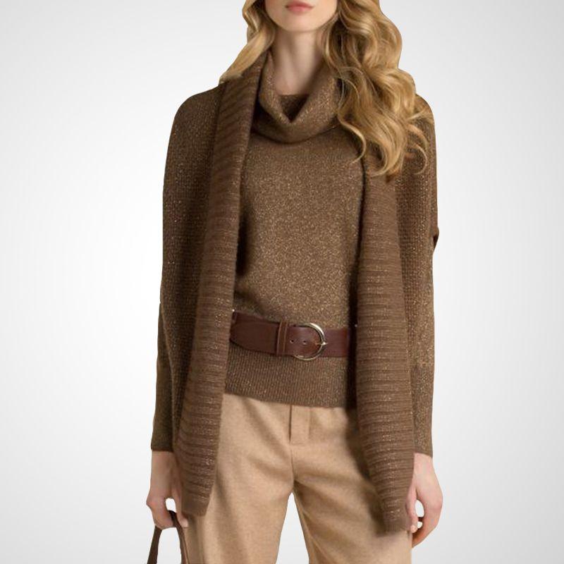 

Европейский и американский стиль, вязаный свободный костюм-двойка для похудения, свитер с высоким воротником Brown- S