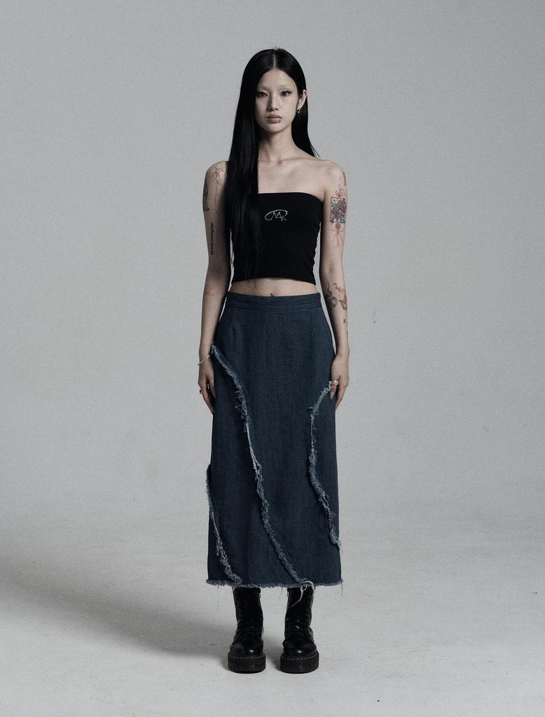 Miteula Wave Damage Denim Long Skirt _ Indigo