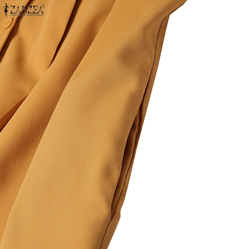 ZANZEA Elegant Women Stand Neck Puff Sleeve Buttons Slim Waist Casual Loose Long Pleated Dress