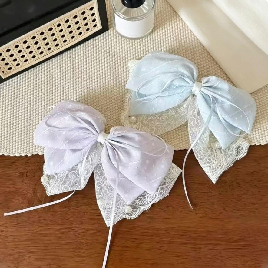 Soft Korean Chiffon Mesh Big Bow Shark Clips Women Gentle Temperament Half Tie Ponytail Daily Vacation Wedding Lace Hair Accessories for Her