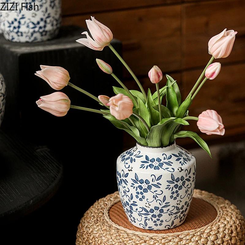 Blue and White Porcelain Vase Hydroponics Ceramic Flower Pots Desk Decoration Flower Arrangement Vases Room Aesthetic Decor