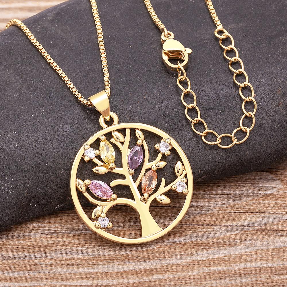 Nidin Trendiges personalisiertes Lebensbaum-Halskette für Damen Vergoldeter runder Anhänger Zirkon Schmuck Weihnachtsgeschenke für Eltern Großhandel