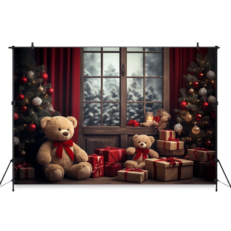Merry Christmas Photo Background For Children Indoor Window Home Xmas Tree Bear Gift Photography Backdrop Stand Studio Photozone