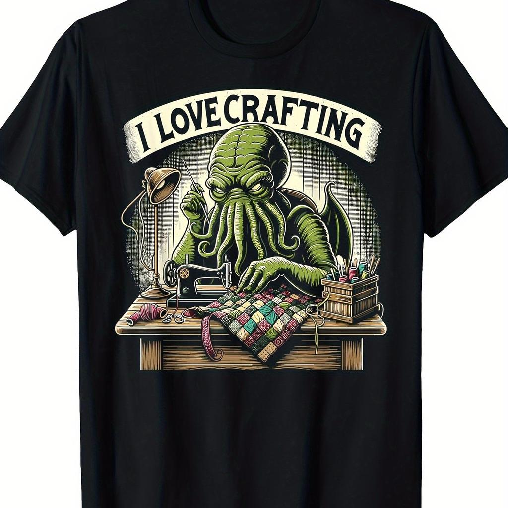 T-shirt Casual da Uomo a Maniche Corte con Grafica Cthulhu per Cucito e Quilting