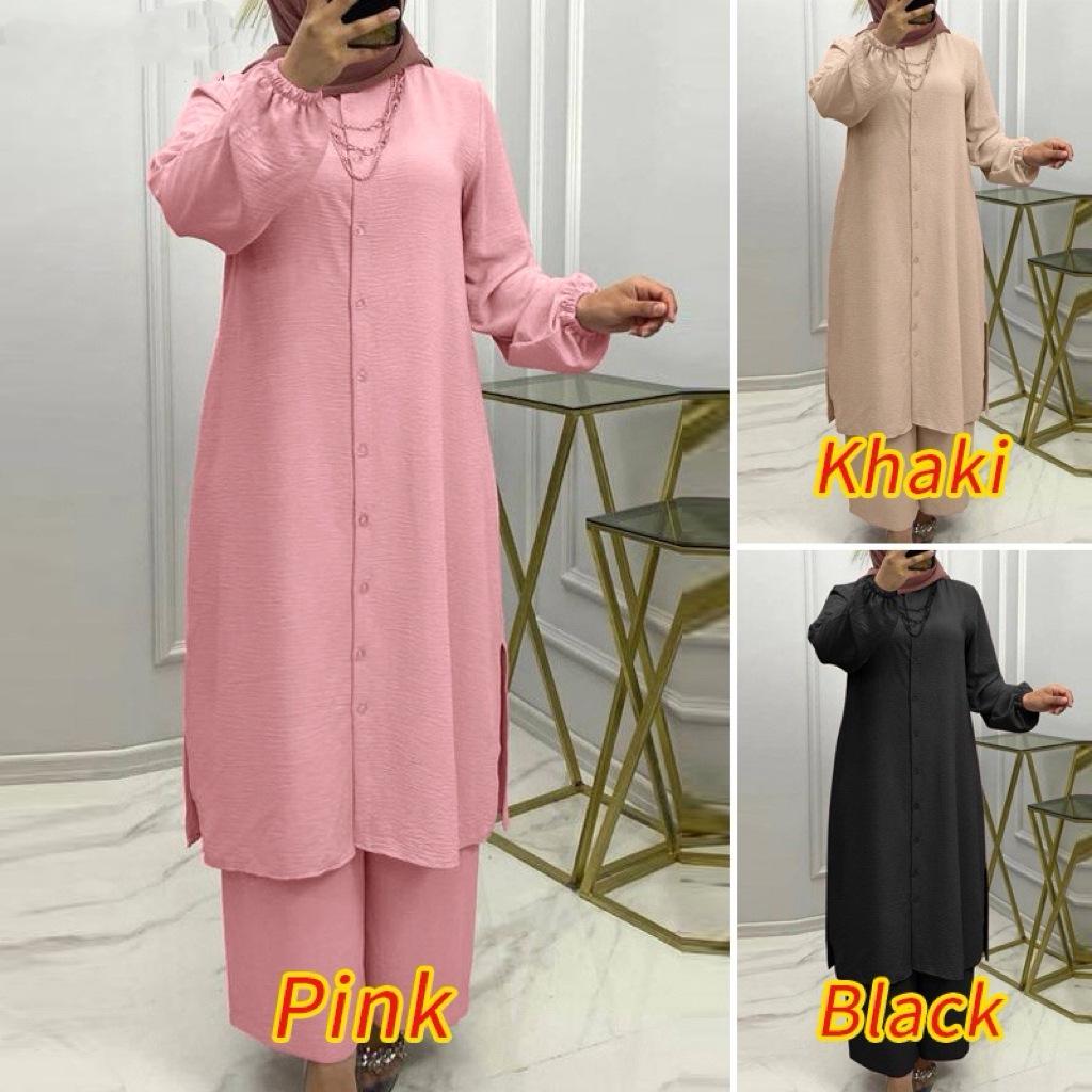 In Stock: Middle Eastern Muslim Solid Color Casual Button Long Sleeve & Elastic Pants Set