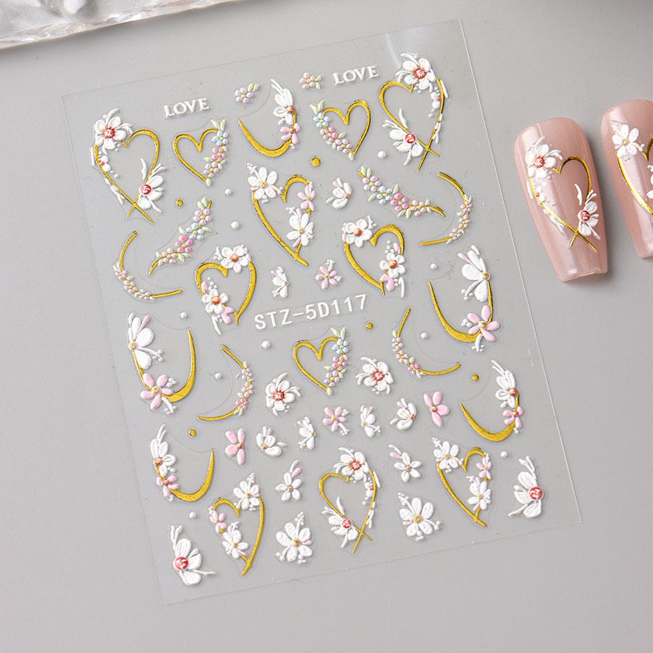 5D Embossed Kawaii Floral Gold Line Sliders Spring White Flowers Nail Stickers DIY Petals Wedding Nails Decals Accesories