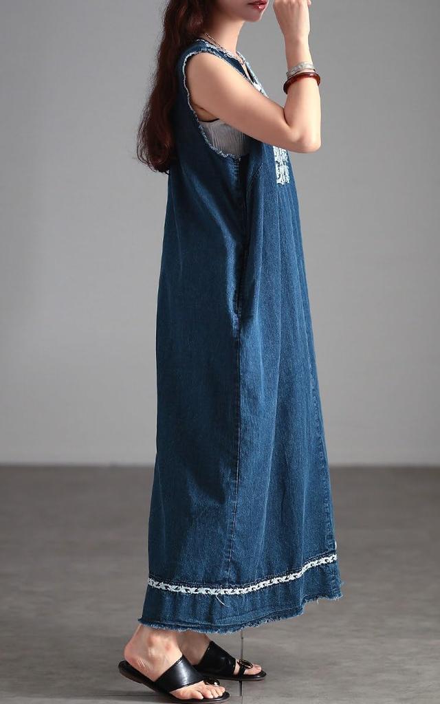 Plus Size Long Maxi Sleeveless Denim Dress with Embroidery and Pockets Spring Blue [Gold Japan] Women's V-Neck - Summer, Autumn, - Fem-635 LL-4L
