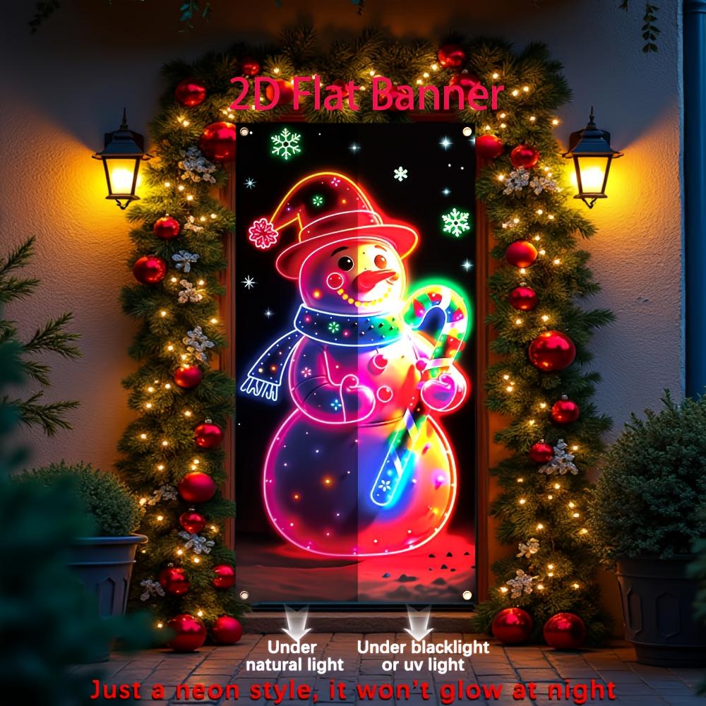 2D flach, 1-teilige festliche Schneemann-Neon-Türfahne - Strapazierfähiges Polyester-Material, mit Stab und Zuckerstangen, Weihnachtsfeier