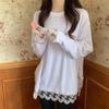 Korean Style White Long Sleeve Base Layer Plus Size Lace T-Shirt for Women, Loose Fit, Buttocks-Covering, 2026 New Arrival