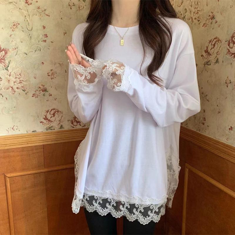 Korean Style White Long Sleeve Base Layer Plus Size Lace T-Shirt for Women, Loose Fit, Buttocks-Covering, 2026 New Arrival
