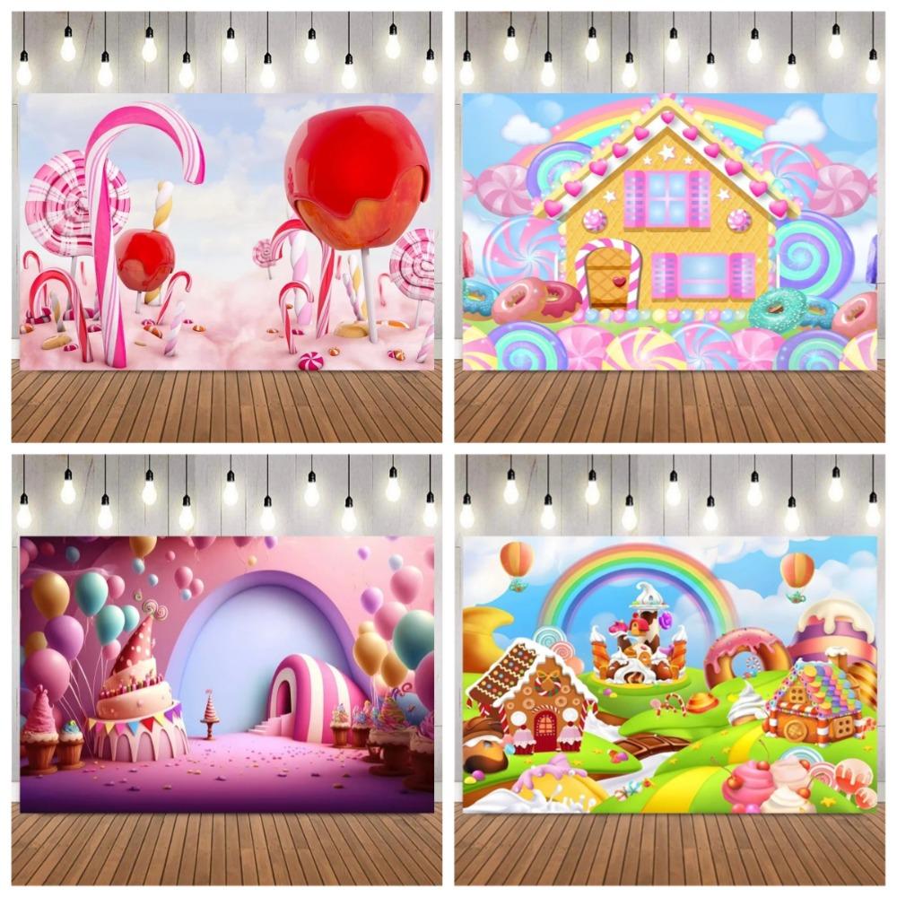 Sweet candy ground photo background, colorful lollipops, donuts, cake ice cream, children birthday party photography background