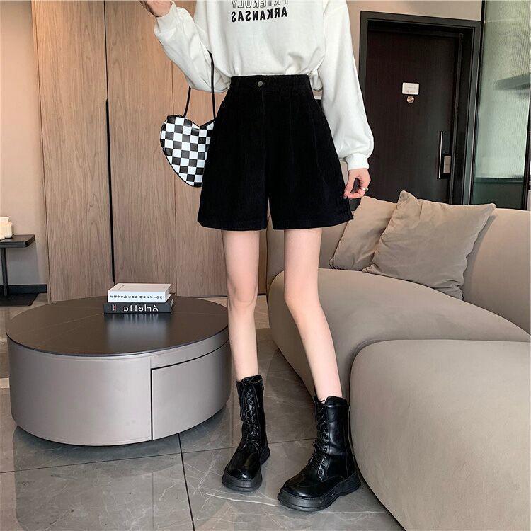 Women's High-Waisted A-Line Corduroy Shorts with Long Boots - Slimming Outerwear for Autumn/Winter, Petite Fit