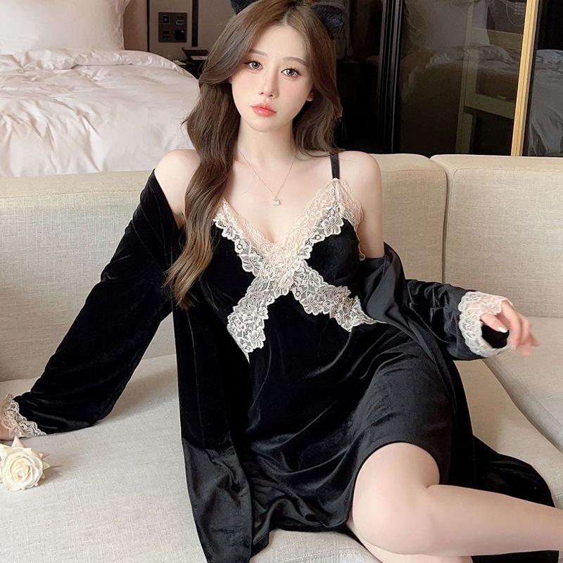 Kalhoty s dlouhým rukávem Domácí šaty Pyžamo pro ženy Třídílná pyžamová souprava Ženy Jaro Podzim Zima Sladká krajka Šněrování Kardigan