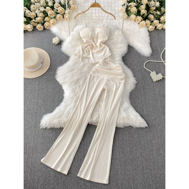 Casual Set Women 2025 Summer New Pleating Short Cami + High Waist Slimming Trumpet pants Two-piece Set