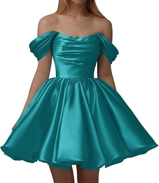 European and American one-word shoulder dress new satin short pleated dance wedding party dress daily dress