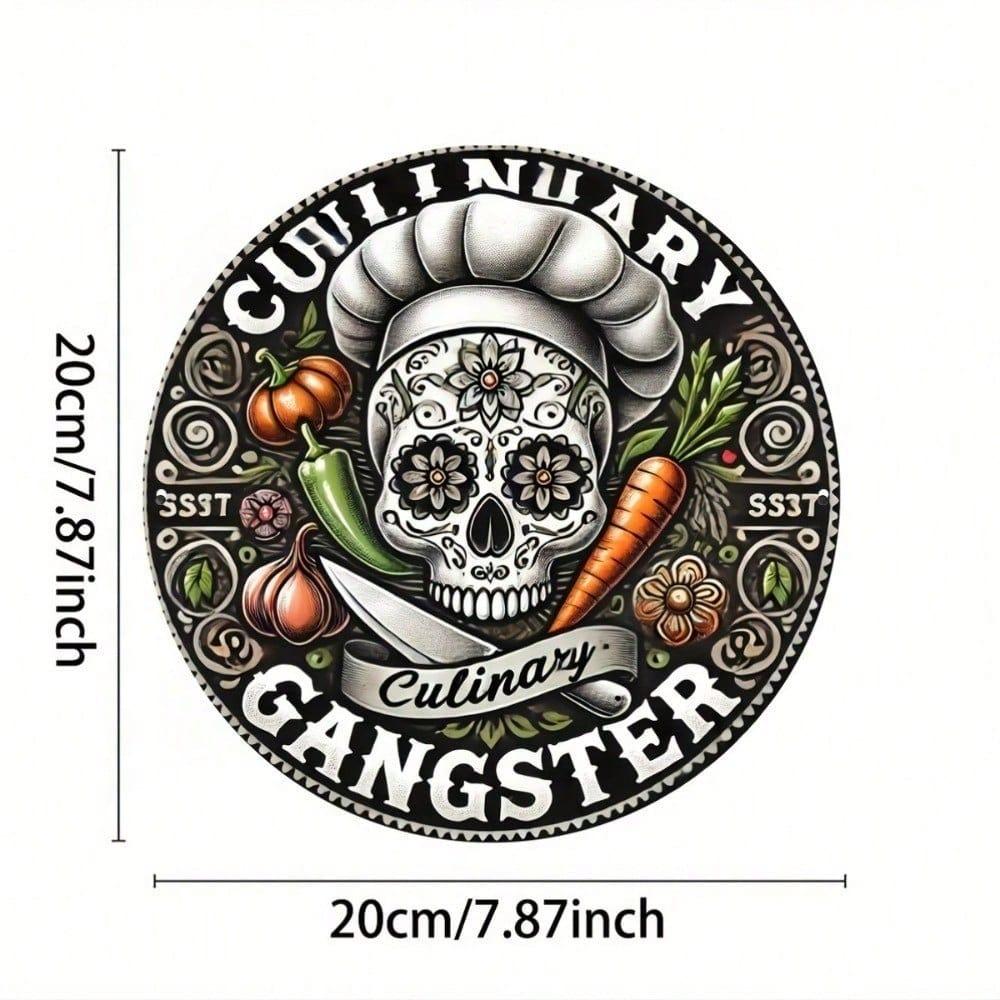 Vintage Skull Chef Metal Sign, Culinary Gangster Round Wall Art 8x8 Inch Aluminum Plaque Heat Resistant Kitchen Decor