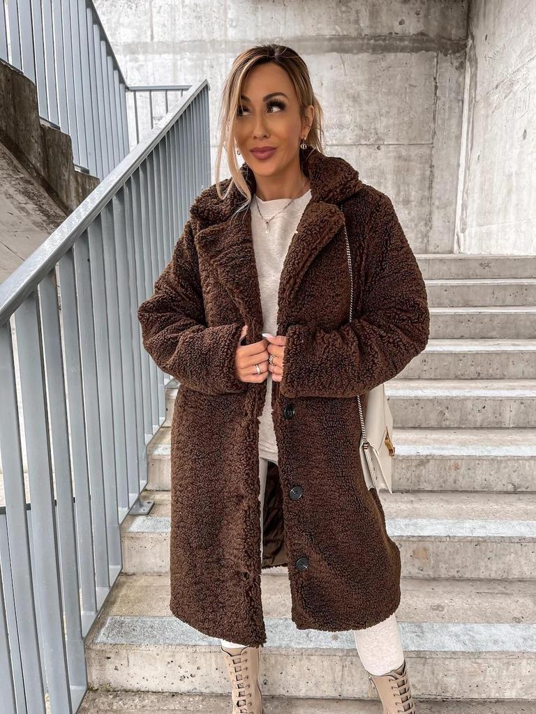 2025 Autumn/Winter Women's Plush Long Coat: Furry, Long-Sleeved, Turn-Down Collar