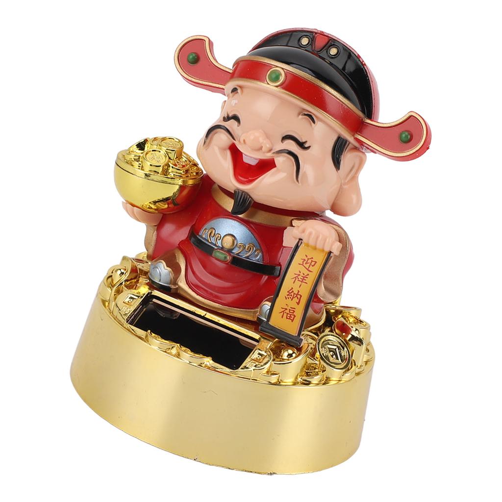God of Wealth Figurine Solar Powered Automatic Nodding Durable Cai Shen Statue Decor for Home Car